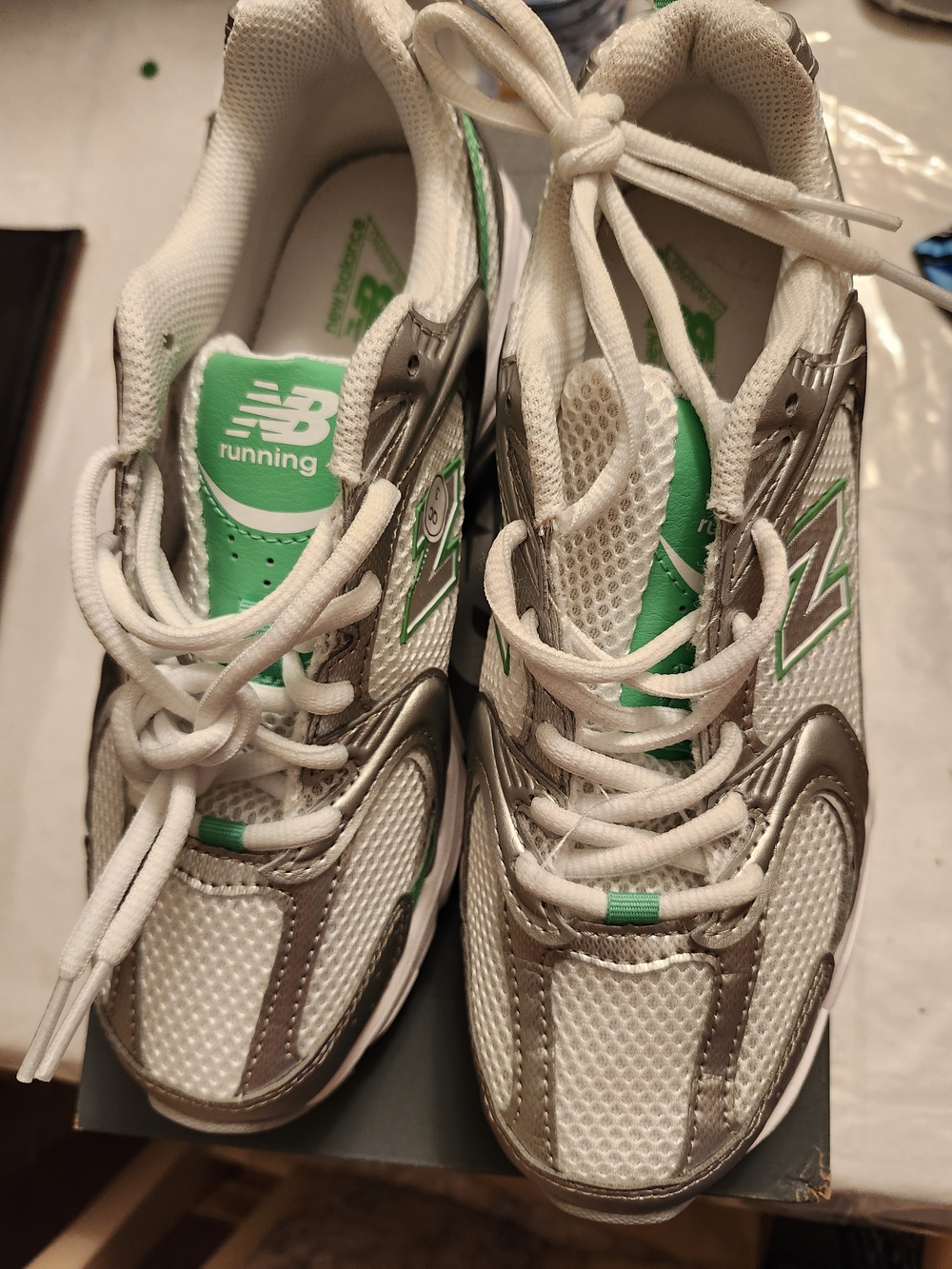 New Balance White, Silver & Green Athletic Sneakers